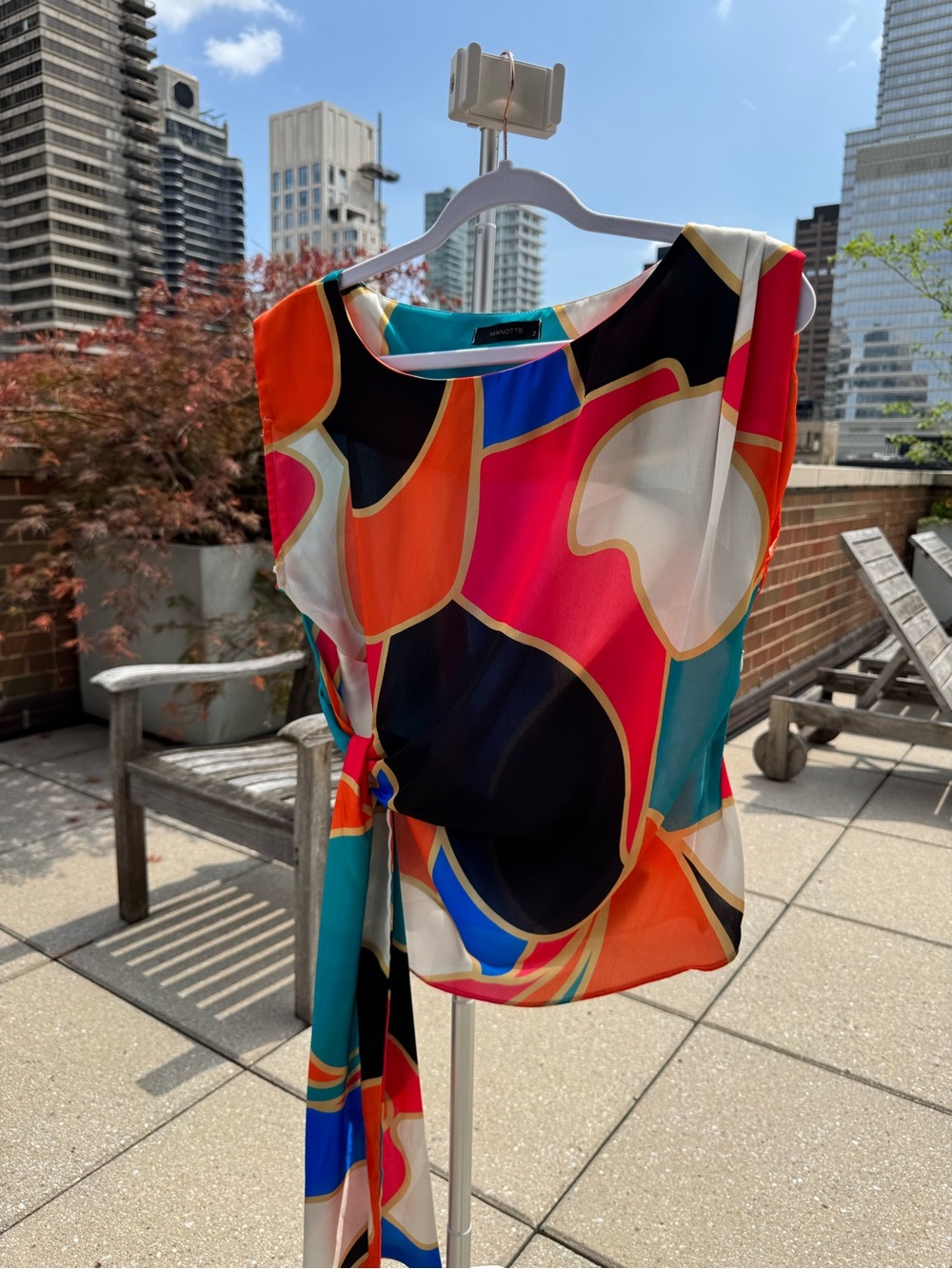 Silky Abstract Print Tie-Waist Shell - Multicolor